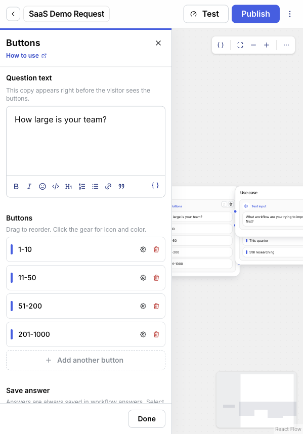 DialogMaker builder showing a Buttons block editor with four team size options, save answer settings, selection mode, and button layout controls.